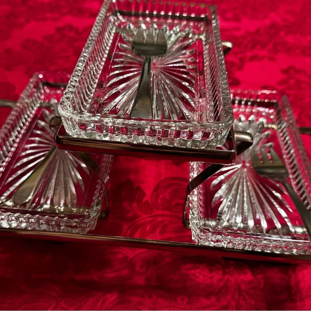 Vintage 1970 Silver platted and Clear Glass relish serving set .